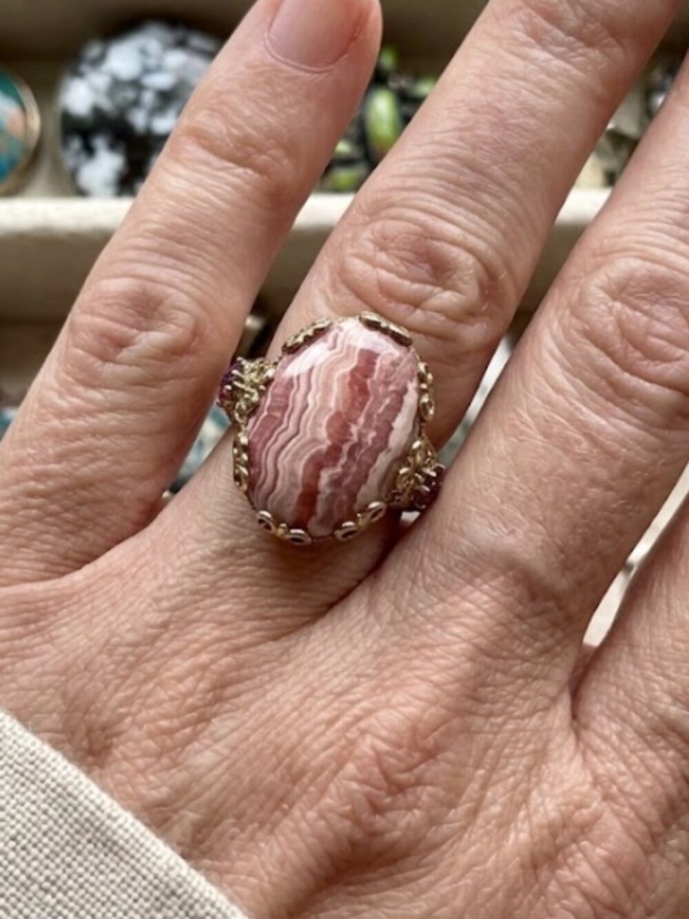 Sterling Silver rhodochrosite statement ring